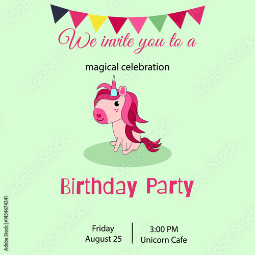 An invitation to a children's party with an adorable bright unicorn on a light background. Vector graphics.