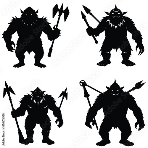Black Silhouette Set Of Fantasy Creatures Holding Weapons For Game Design