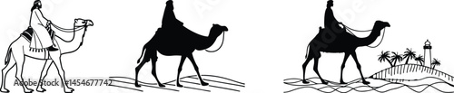Silhouette of Arab Man Riding Camel in Desert Vector Art.