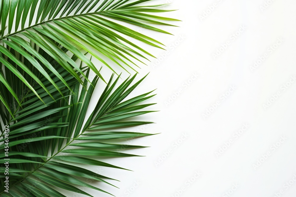 Fototapeta premium A white background with palm leaves and copy space . Summer vacation concept