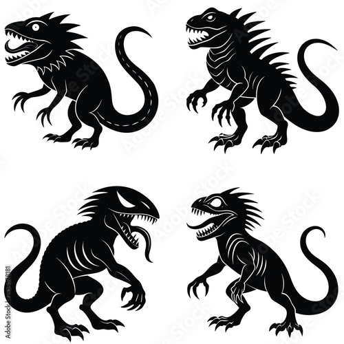 Four Silhouetted Mythical Dragons Monsters Fantasy Creatures Vector Illustration Reptilian Beasts