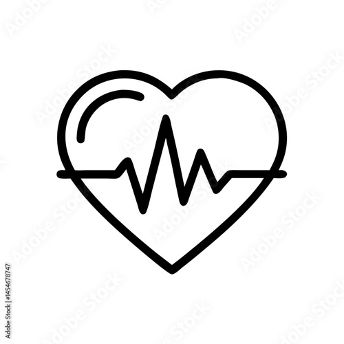 Minimalist vector icon in black outline of a heart with a heartbeat line inside. Simple design on a white background
