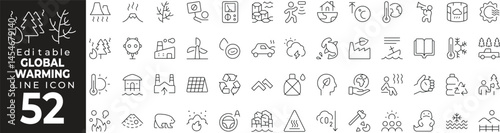 Global Warming Icon Set: A Line Icon Collection Featuring Climate Change, Melting Ice, Rising Temperature, Environment, and More