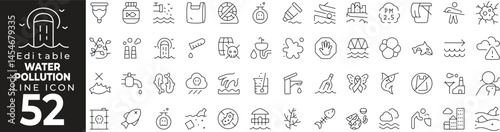 Water Pollution Icon Set: A Line Icon Collection Featuring Contaminated Water, Industrial Waste, Marine Life, Environmental Impact, and More