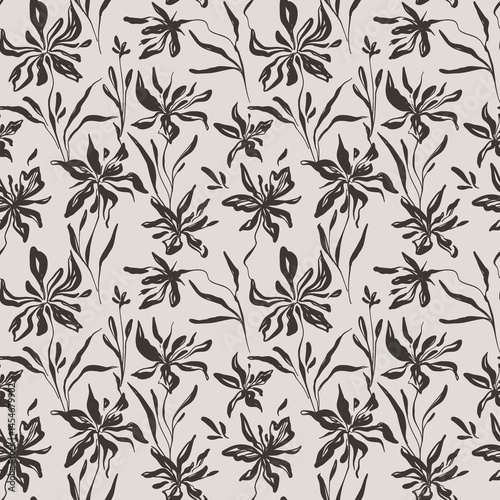 Seamless floral laconic black and white ink pattern vintage handmade for fabric design, decor, ceramics, greeting cards, flowers, texture print for backgrounds