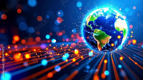 Vibrant depiction of Earth surrounded by glowing lines and orbs, symbolizing connectivity and technology