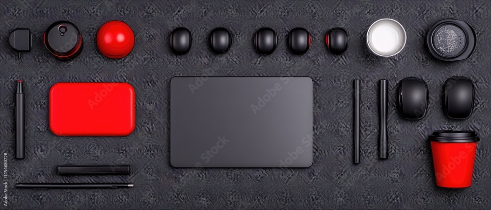 Flat lay of electronics, stationary, and drinkware with red and black accents on gray surface Flat lay of electronics, stationary, and drinkware with red and black accents on gray surface