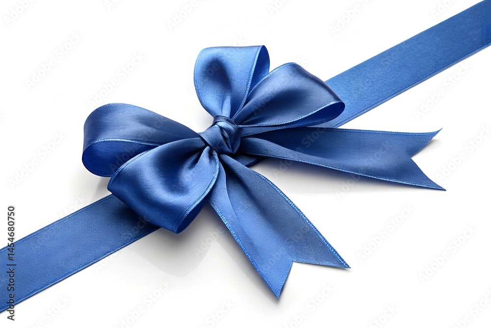 Sleek satin-finished royal blue ribbon tied in a decorative bow on white background, perfect for gift wrapping or celebration themes Sleek satin-finished royal blue ribbon tied in a decorative bow on white background, perfect for gift wrapping or celebration themes