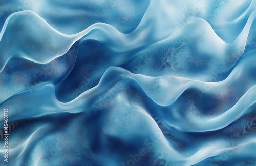 Top view of flowing blue silk fabric with wavy texture, creating an abstract background ideal for fashion design and product decoration.