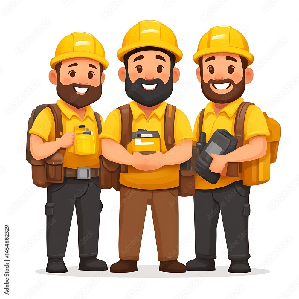 Three happy construction workers smiling with equipment and safety helmets Three happy construction workers smiling with equipment and safety helmets