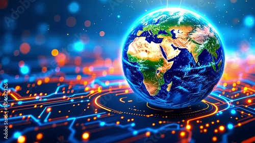 Digital representation of Earth surrounded by glowing circuits and data points, symbolizing technology and connectivity