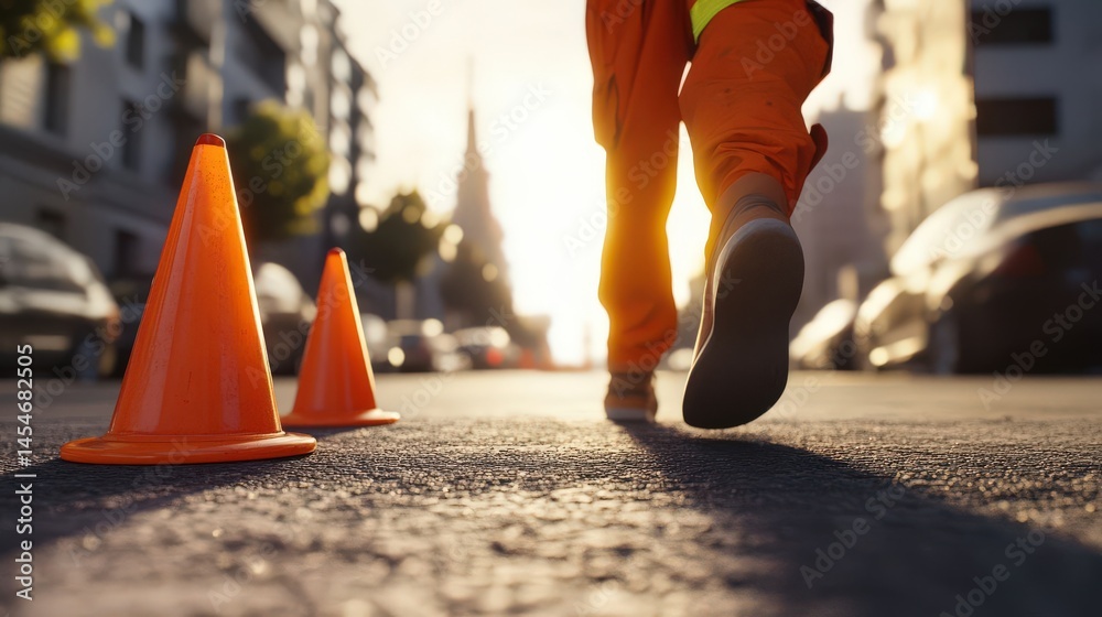 Obraz premium Orange traffic cones on asphalt with blurred worker in uniform walking nearby, symbolizing highway safety and roadwork, close-up with copy space.