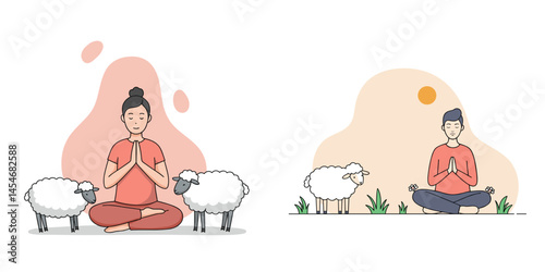Meditation near sheep for rural serenity, farm mindfulness concept and international yoga day