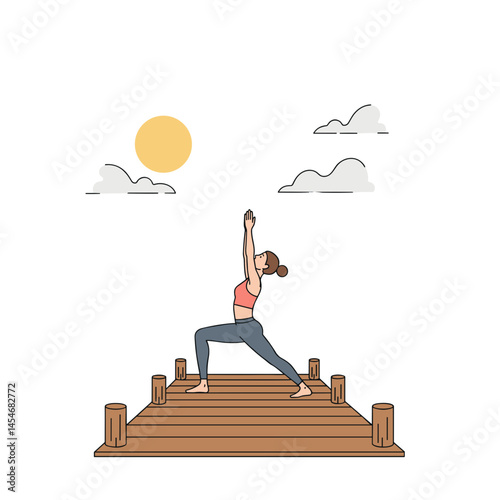 Yoga on wooden pier for waterfront balance, lakeside tranquility concept and international yoga day