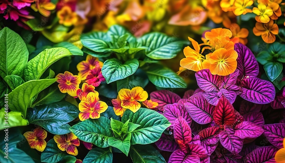 Fototapeta premium Cluster of hydrangeas in pink, purple, blue, and yellow surrounded by green leaves.