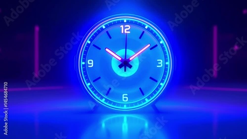 Neon blue clock displaying time in a futuristic setting with vibrant lighting effects