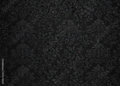 Black damask pattern, shadowy floral details, rich texture , wallpaper print, elegant, home
