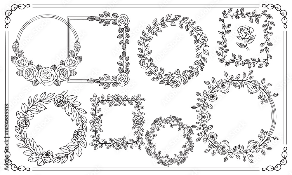 Obraz premium Floral Wreath and Frame Bundle – Black and White Line Art