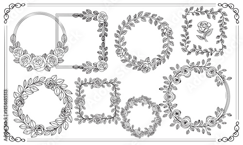 Floral Wreath and Frame Bundle – Black and White Line Art