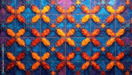 Intricate geometric tile pattern Repeating shapes, vibrant colors , lines, structure, decor