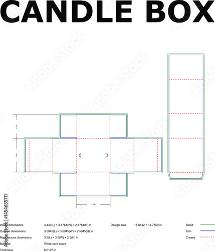 Detailed diecut template and dimensions for a candle box design with bleed trim and crease lines prepared for packaging.