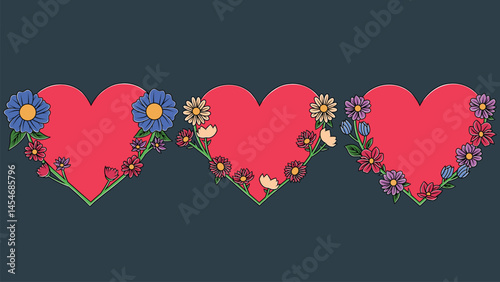 heart plant border doodle color vector set part one
