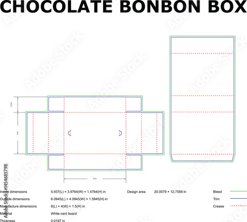 Technical diagram of a diecut chocolate bonbon box design blueprint illustrating dimensions material and design area in detail.