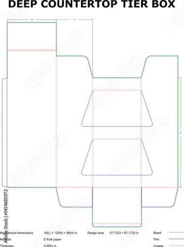Detailed diecut template design for a deep countertop tier box outlining precise dimensions and features for production.