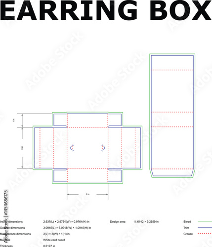 Detailed technical drawing of an earring box design featuring dimensions manufacturing details and a diecut template.