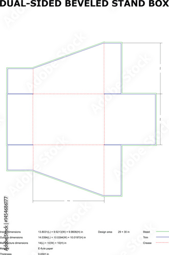 Detailed engineering blueprint of a dual-sided beveled stand box design with dimensions and material specifications for efficient manufacturing.