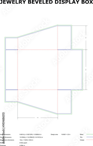 Jewelry beveled display box diecut template showing dimensions and crease lines for packaging design purposes