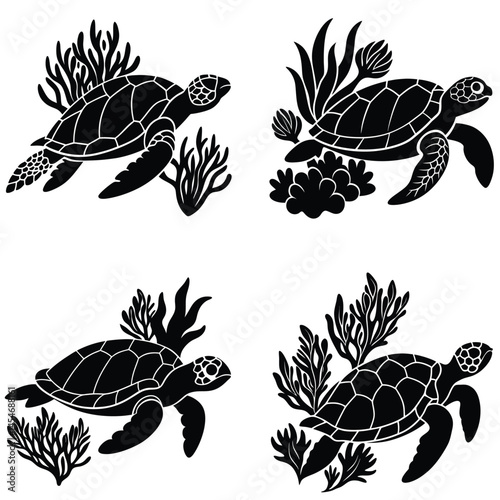 Black And White Turtle Silhouettes Swimming With Seaweed Ocean Life Vector Illustration