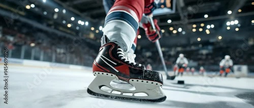 A low-angle shot of a hockey player playing rough.