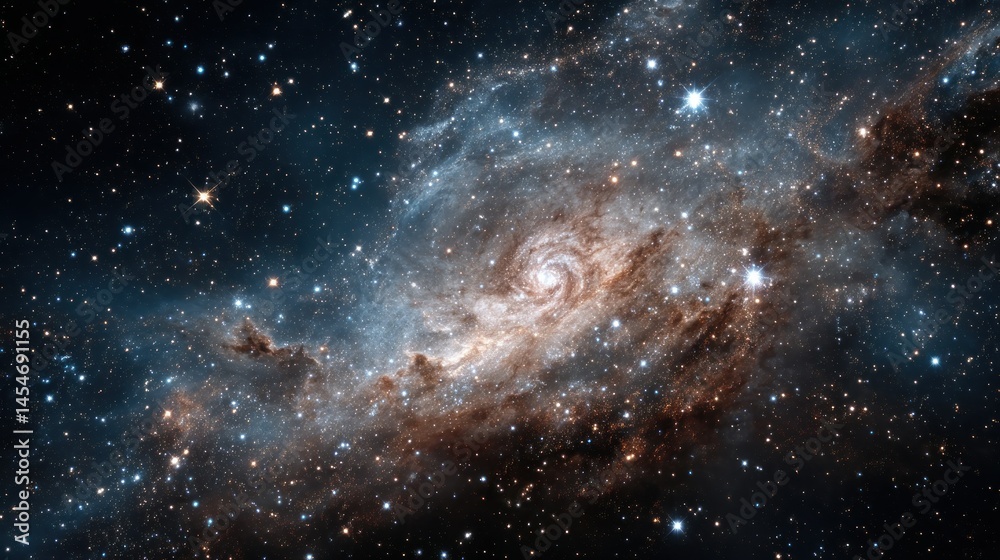Naklejka premium Galaxy swirls in cosmos, starlight amidst cosmic dust clouds
