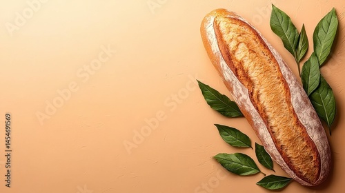 Golden Brown Baguette with Green Leaves on Light Brown Background