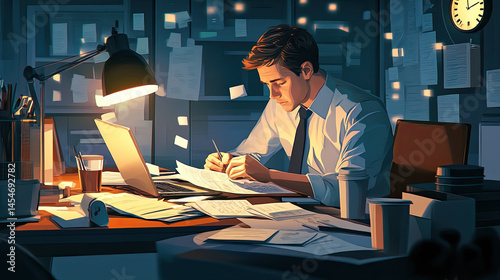 A person in business attire working late at a desk cluttered with papers, coffee cups, and a laptop. The glow from the desk lamp highlights their focused expression. The room has visible shadows from