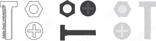 Black screw icon. Bolt, nut, wall plug. Vector