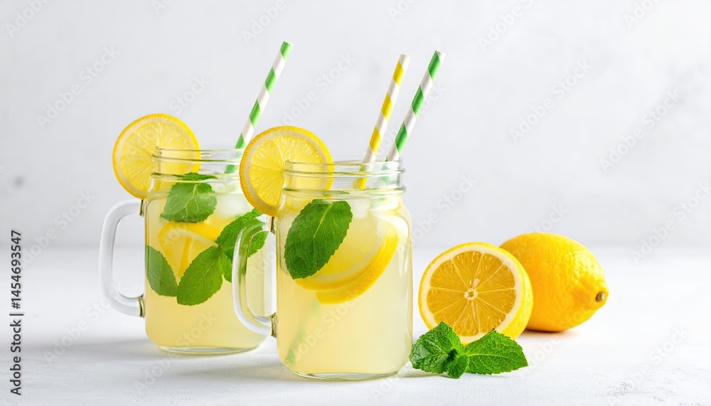 Fototapeta premium Refreshing lemonade served in mason jars with lemon slices mint leaves and striped straws against a textured white background. Bright and inviting beverage setup.