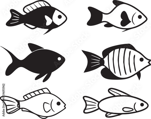 fish items set line art design black and white.