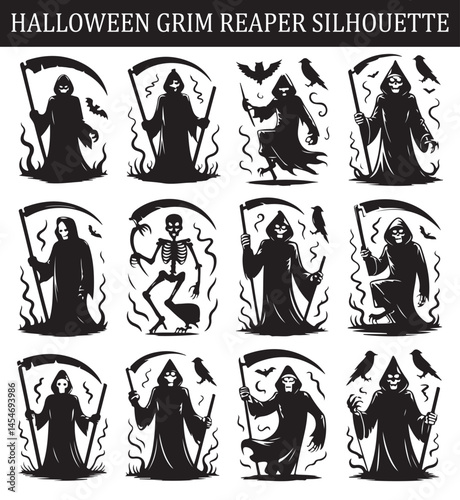 Collection of various black and white grim reaper icons in different poses, holding scythes and staffs for Halloween and spooky designs.