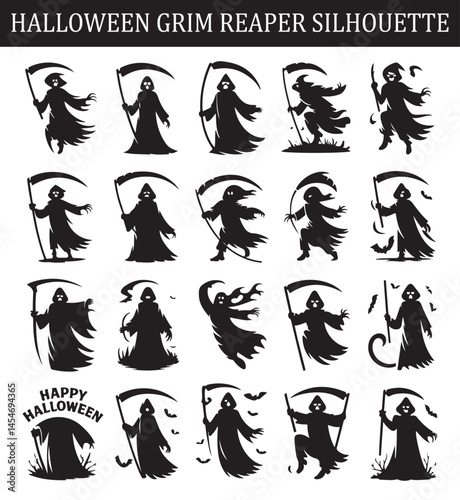 Collection of various black and white grim reaper icons in different poses, holding scythes and staffs for Halloween and spooky designs.