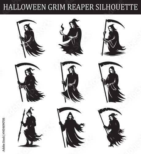 Collection of various black and white grim reaper icons in different poses, holding scythes and staffs for Halloween and spooky designs.