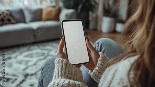 Woman holding smartphone with blank screen in cozy festive living room interior.