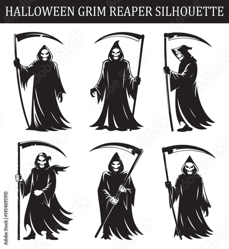 Collection of various black and white grim reaper icons in different poses, holding scythes and staffs for Halloween and spooky designs.