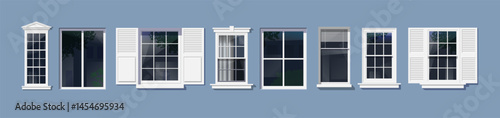 various windows frames set colletion house facade vector illustration