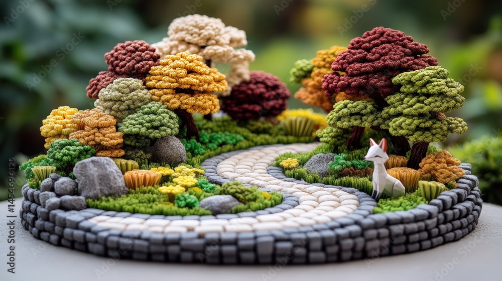 Fototapeta premium Intricate miniature autumnal scene with winding path, vibrant fall trees, grey stones, mossy ground cover and a charming small white house crafted from clay