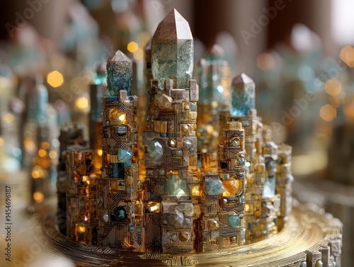 Miniature circuit city with crystal spires rises, glowing warmly on a textured base, blurred lights adding depth to the unique sculpture.