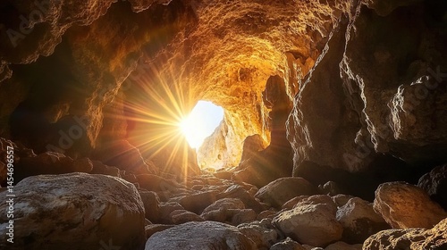 Inside a cave, warm sunlight streams through the entrance, illuminating the rocks, with the sea visible in the distance, creating a serene and mysterious atmosphere. photo