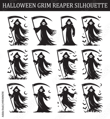 Collection of various black and white grim reaper icons in different poses, holding scythes and staffs for Halloween and spooky designs.