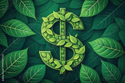 Dollar sign composed of green leaves, set against a backdrop of lush foliage, symbolizing the blend of finance and environment, ideal for topics on green economy, sustainability, and eco - finance.
 photo